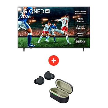 Front view of 65" LG QNED73 AI 4K Smart TV colores más reales + LG xboom Buds Lite by will.i.am | Audífonos Bluetooth | xboom Signature Sound con driver de grafeno | Color Negro 65Q73BUDLTE.BDL